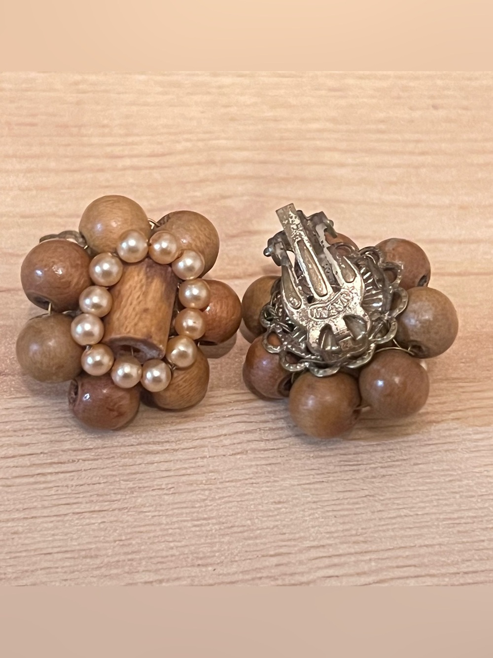 Vintage Wood Bead Clip-On Earrings with Faux Pearls - Brown